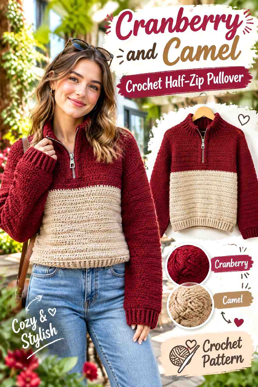 12. Cranberry And Camel Crochet Half Zip Pullover