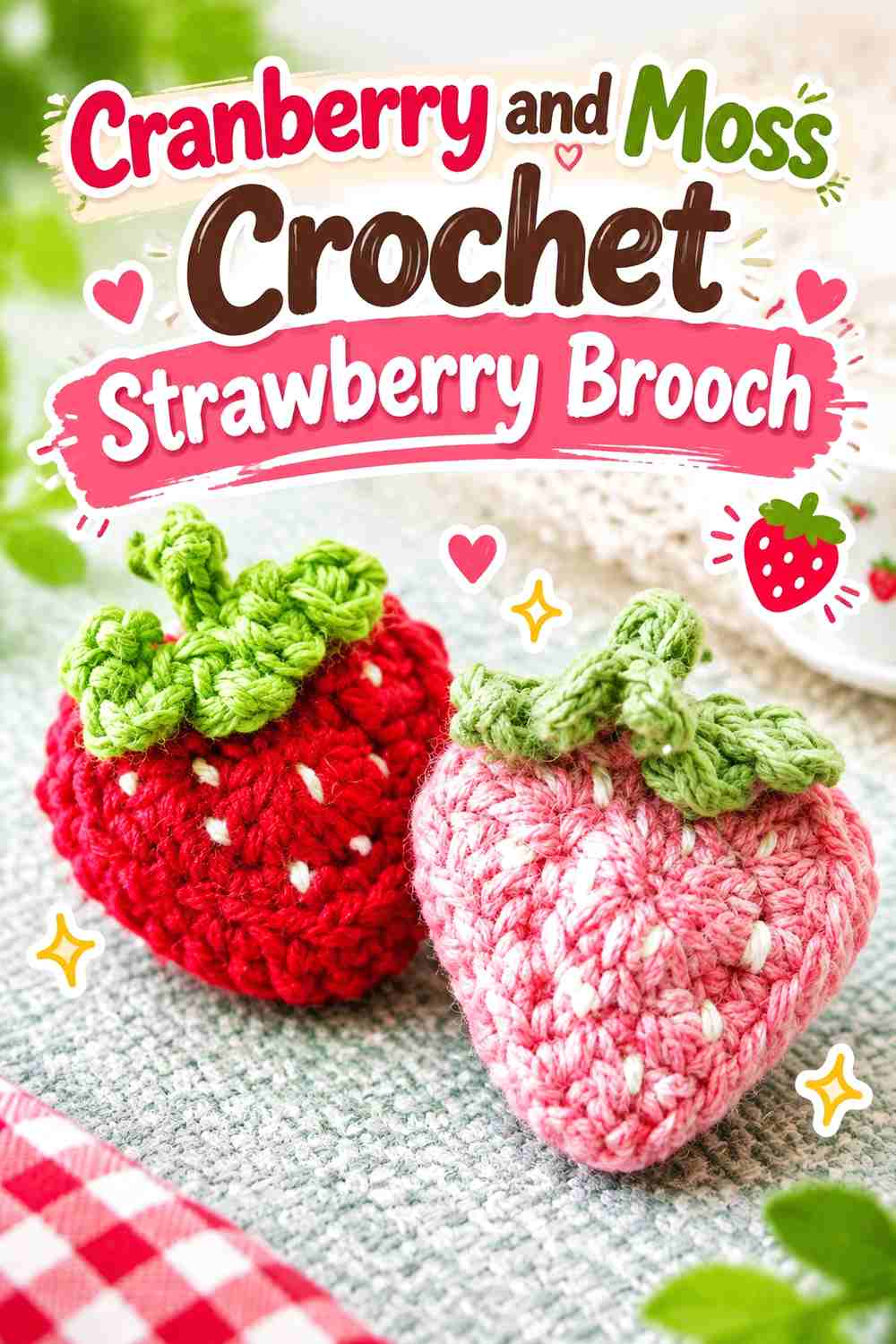 8. Cranberry And Moss Crochet Strawberry Brooch