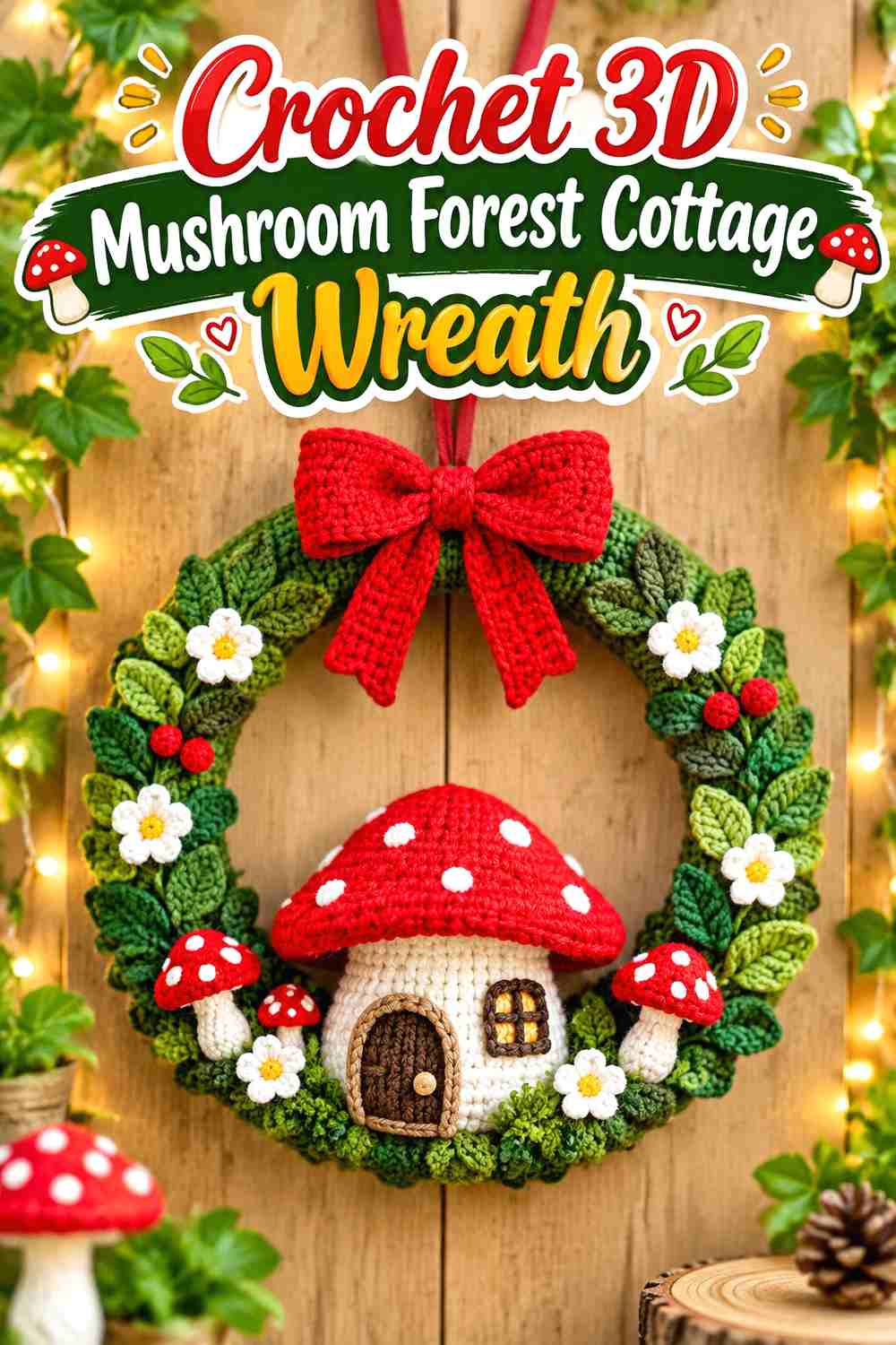 6. Crochet 3D Mushroom Forest Cottage Wreath