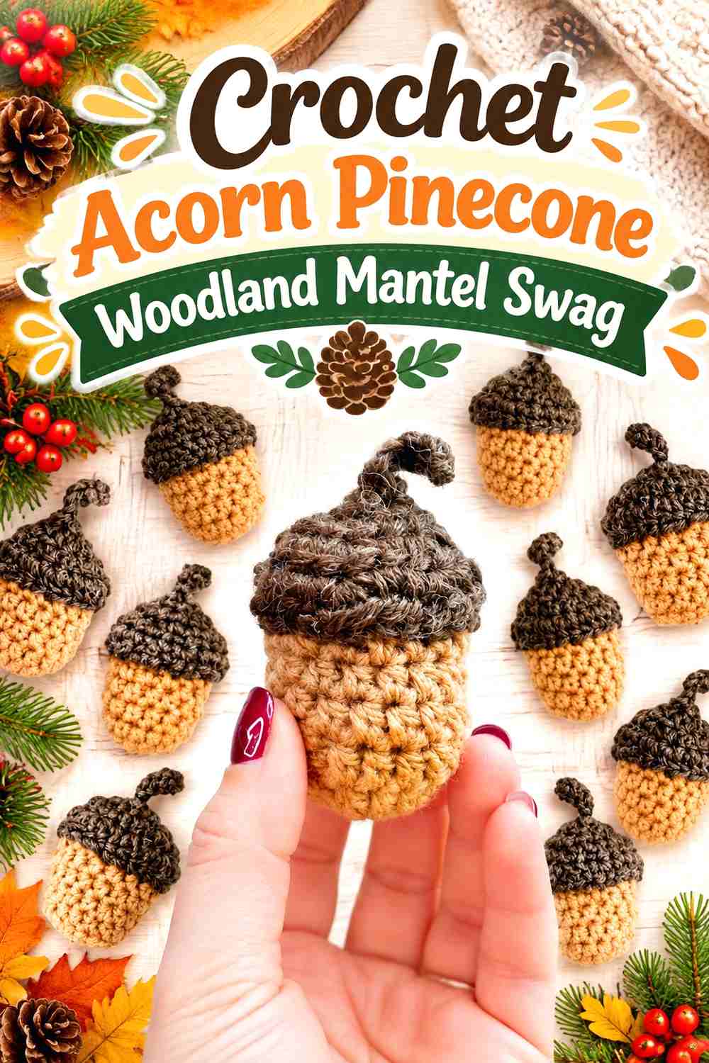 17. Crochet Acorn Pinecone Woodland Mantel Swag