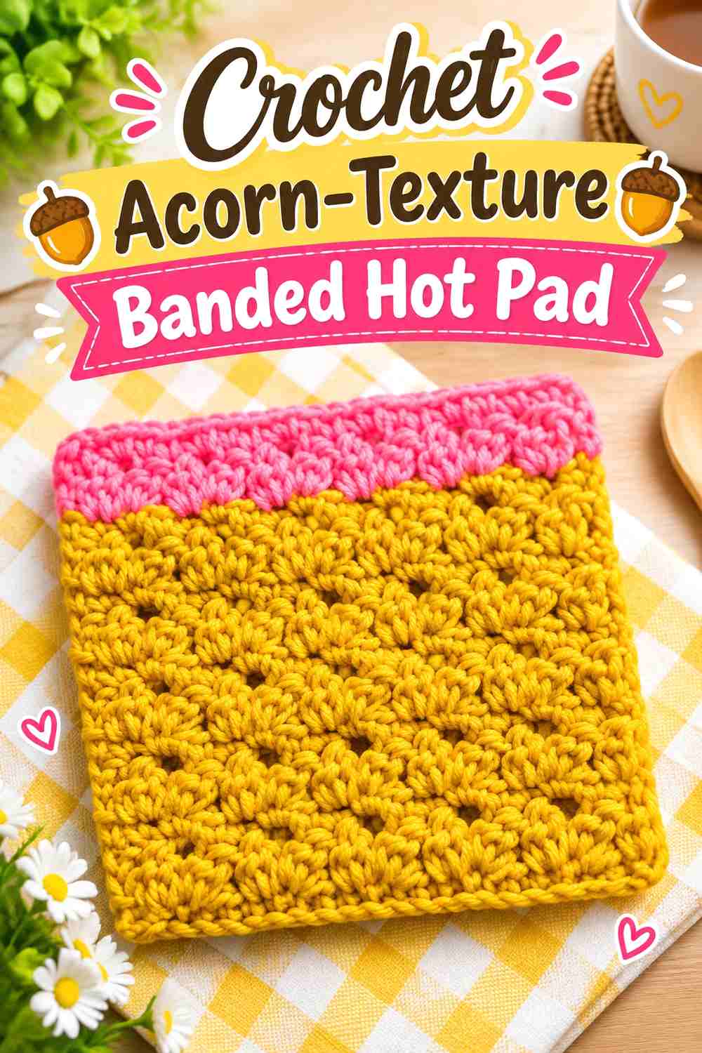 10. Crochet Acorn-Texture Banded Hot Pad