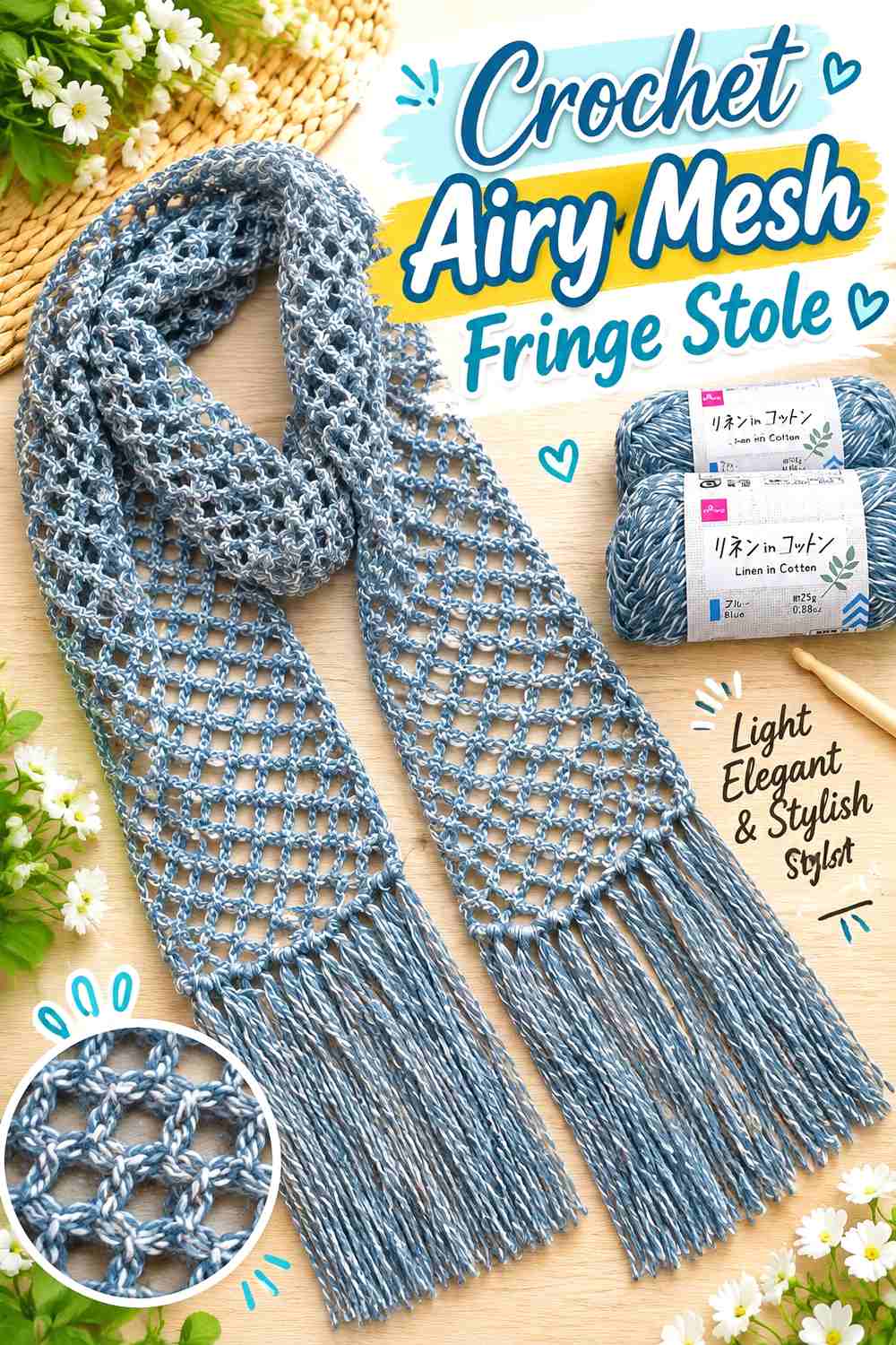 9. Crochet Airy Mesh Fringe Stole