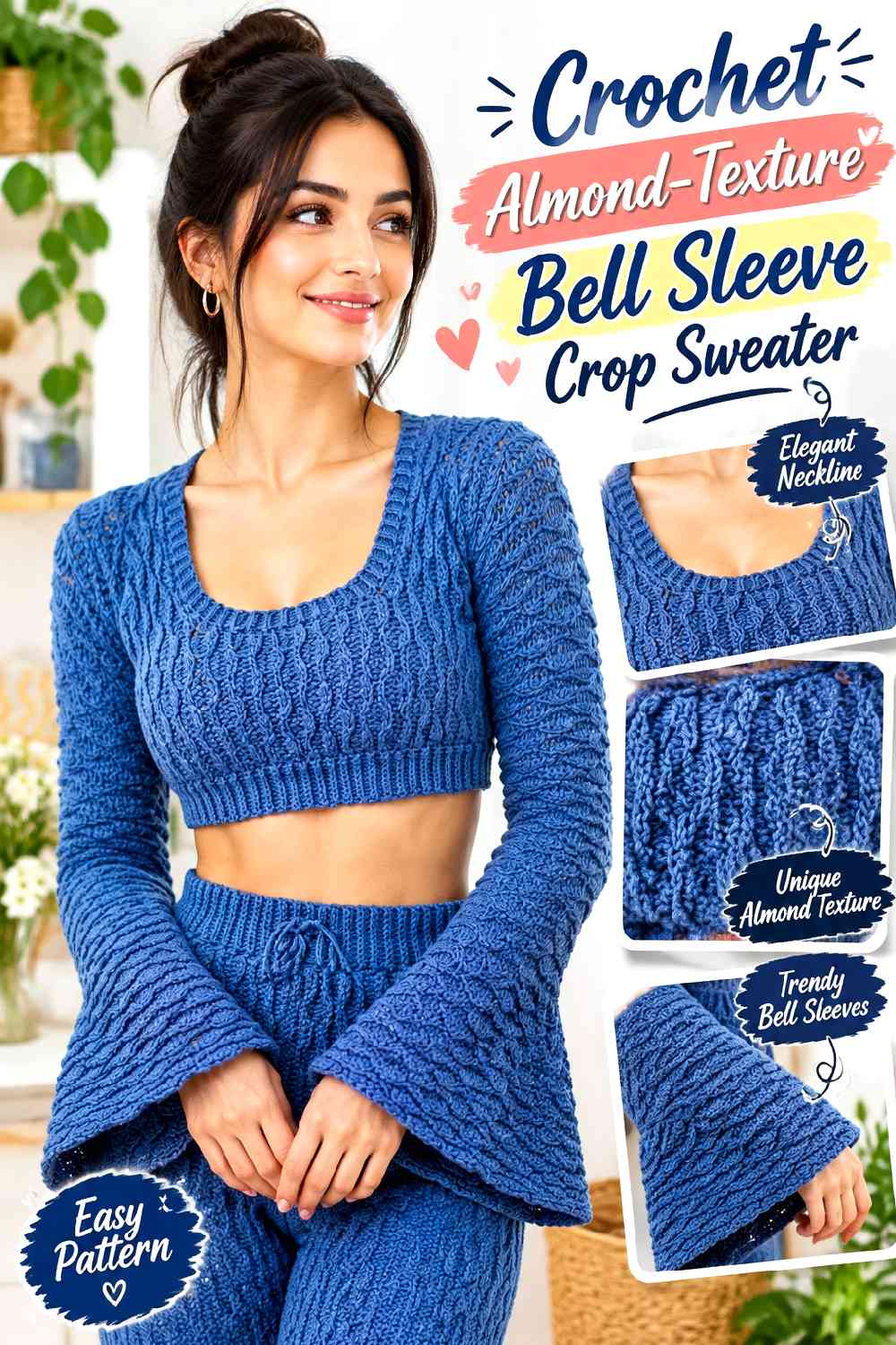 8. Crochet Almond-Texture Bell Sleeve Crop Sweater