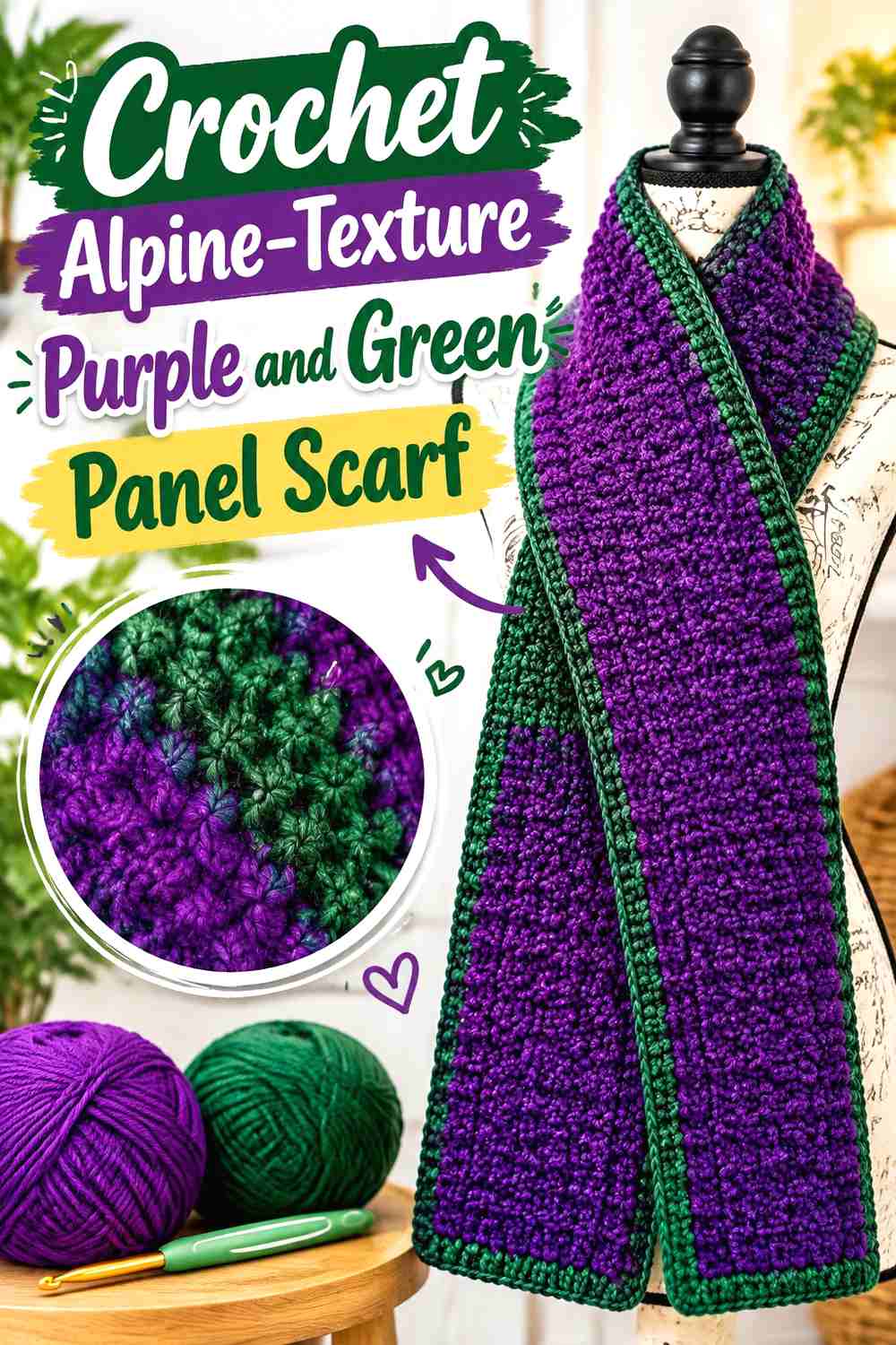 6. Crochet Alpine-Texture Purple and Green Panel Scarf