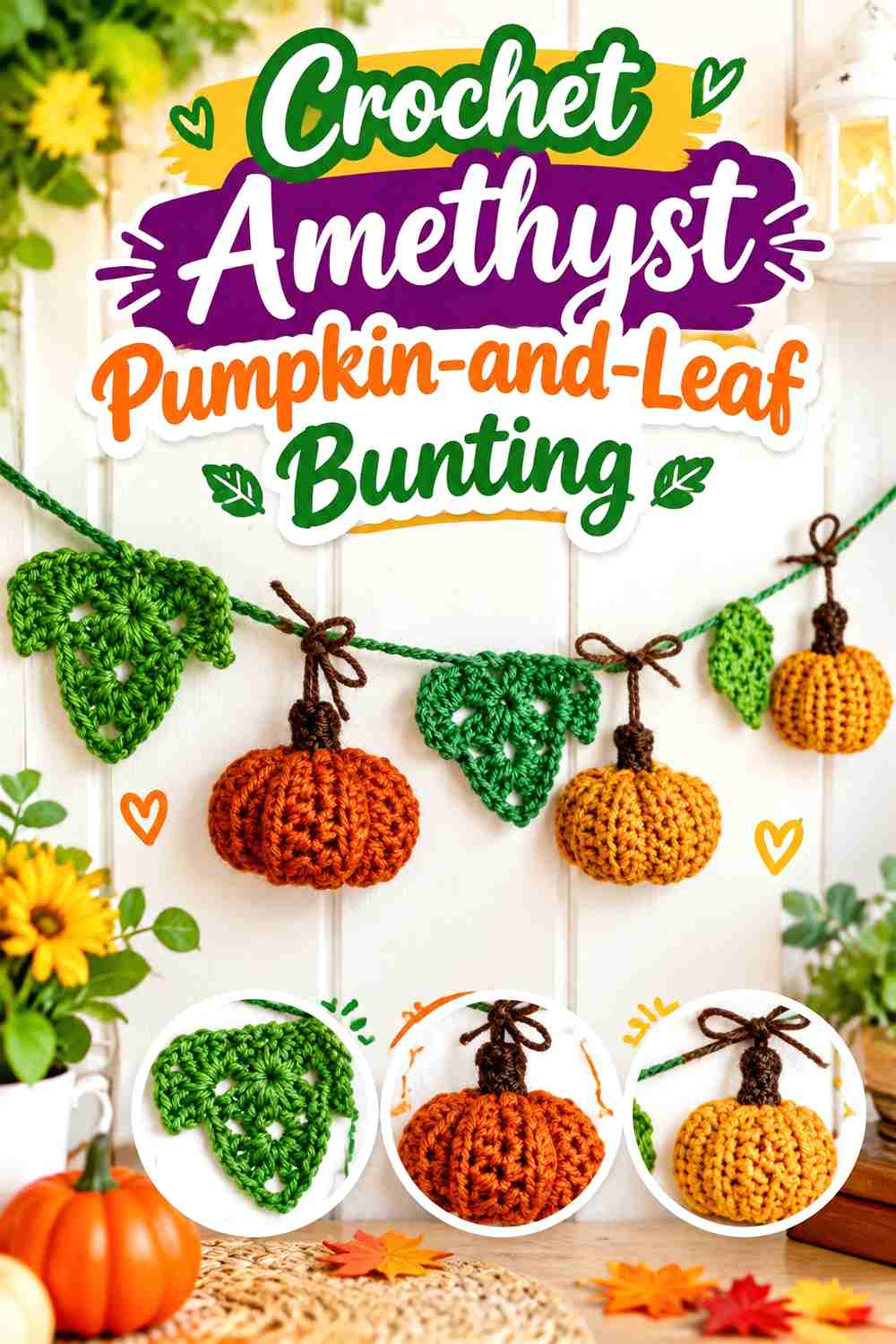 Crochet Amethyst Pumpkin-and-Leaf Bunting