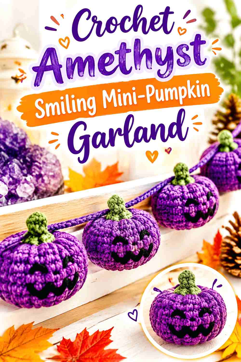 Crochet Amethyst Smiling Mini-Pumpkin Garland