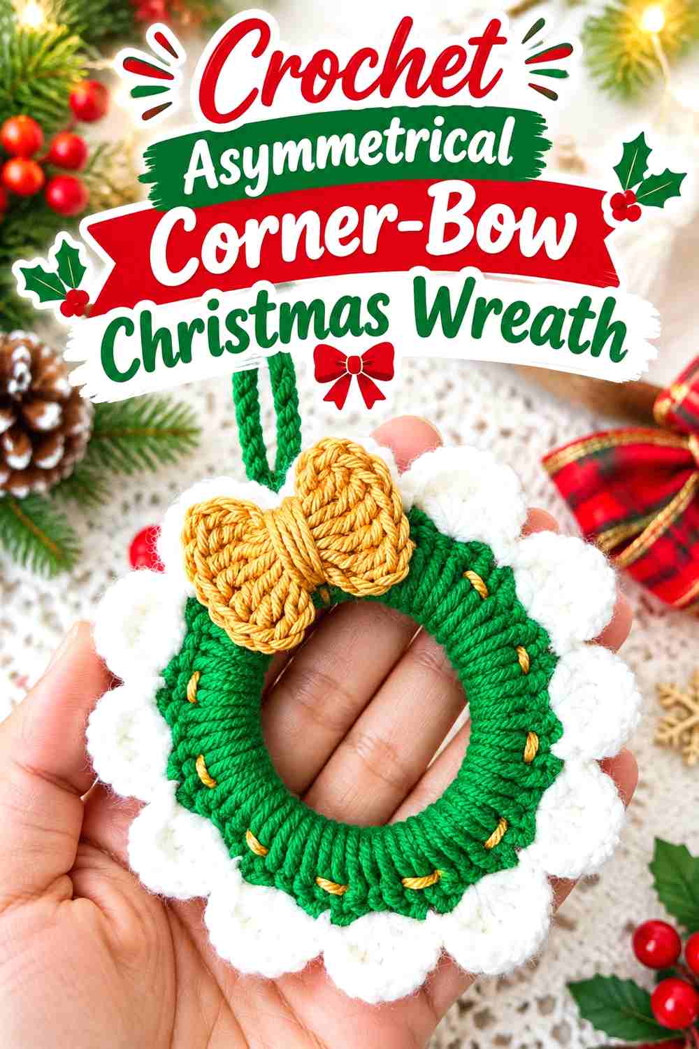 11. Crochet Asymmetrical Corner-Bow Christmas Wreath