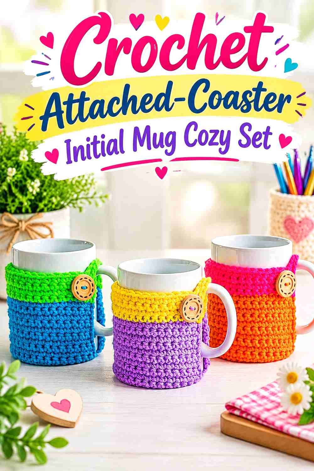 12. Crochet Attached-Coaster Initial Mug Cozy Set