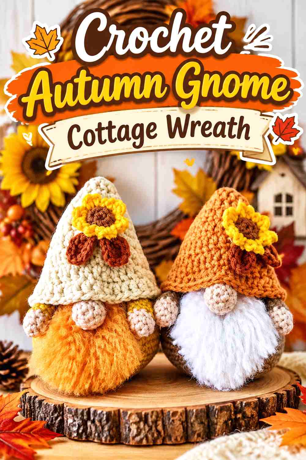 9. Crochet Autumn Gnome Cottage Wreath