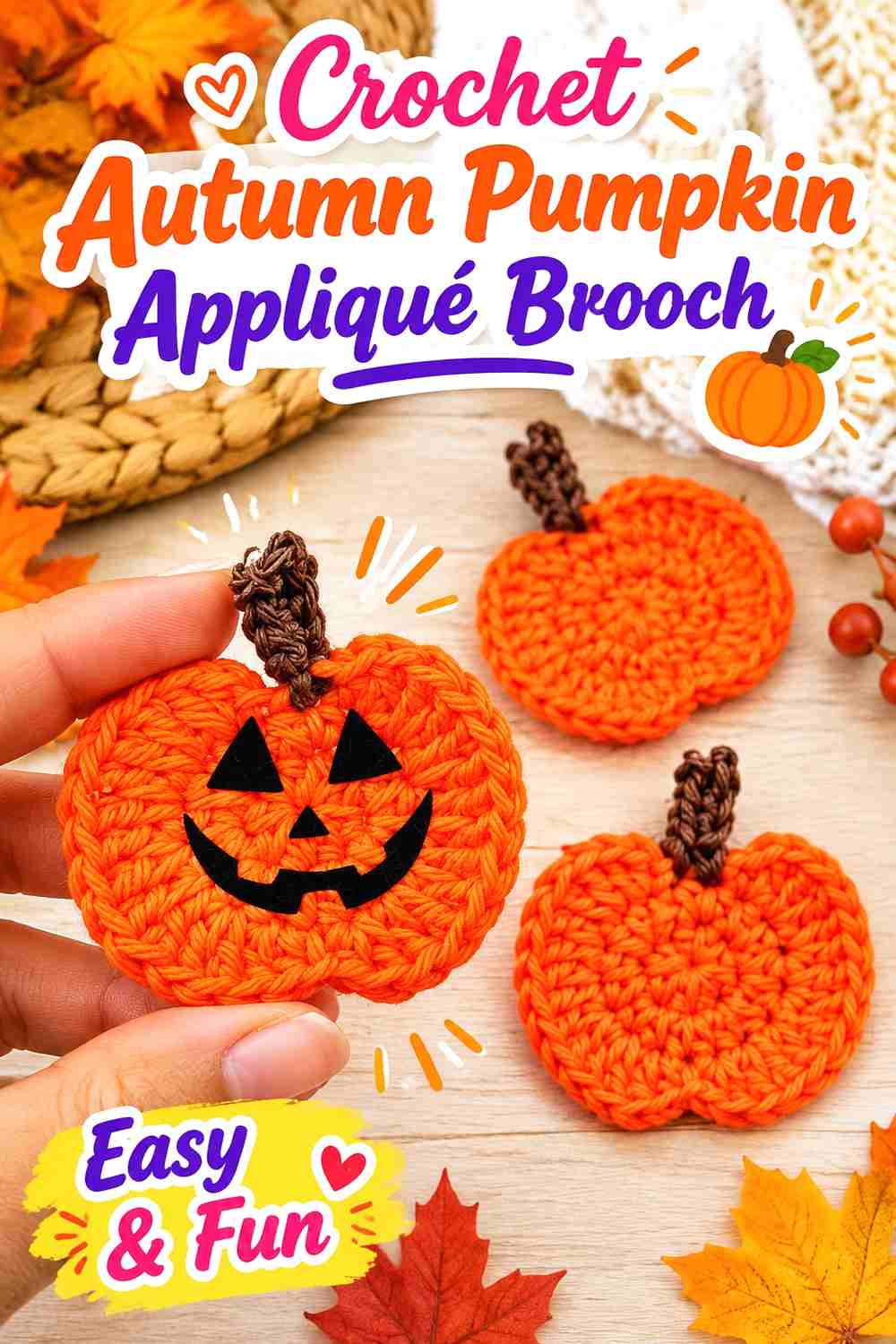 15. Crochet Autumn Pumpkin Appliqué Brooch