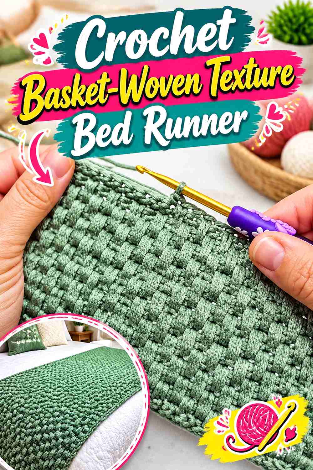 13. Crochet Basket-Woven Texture Bed Runner
