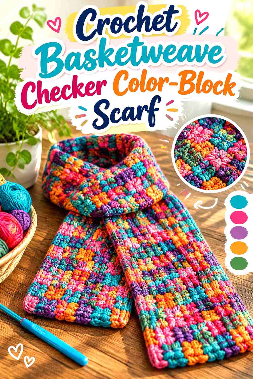 8. Crochet Basketweave Checker Color-Block Scarf