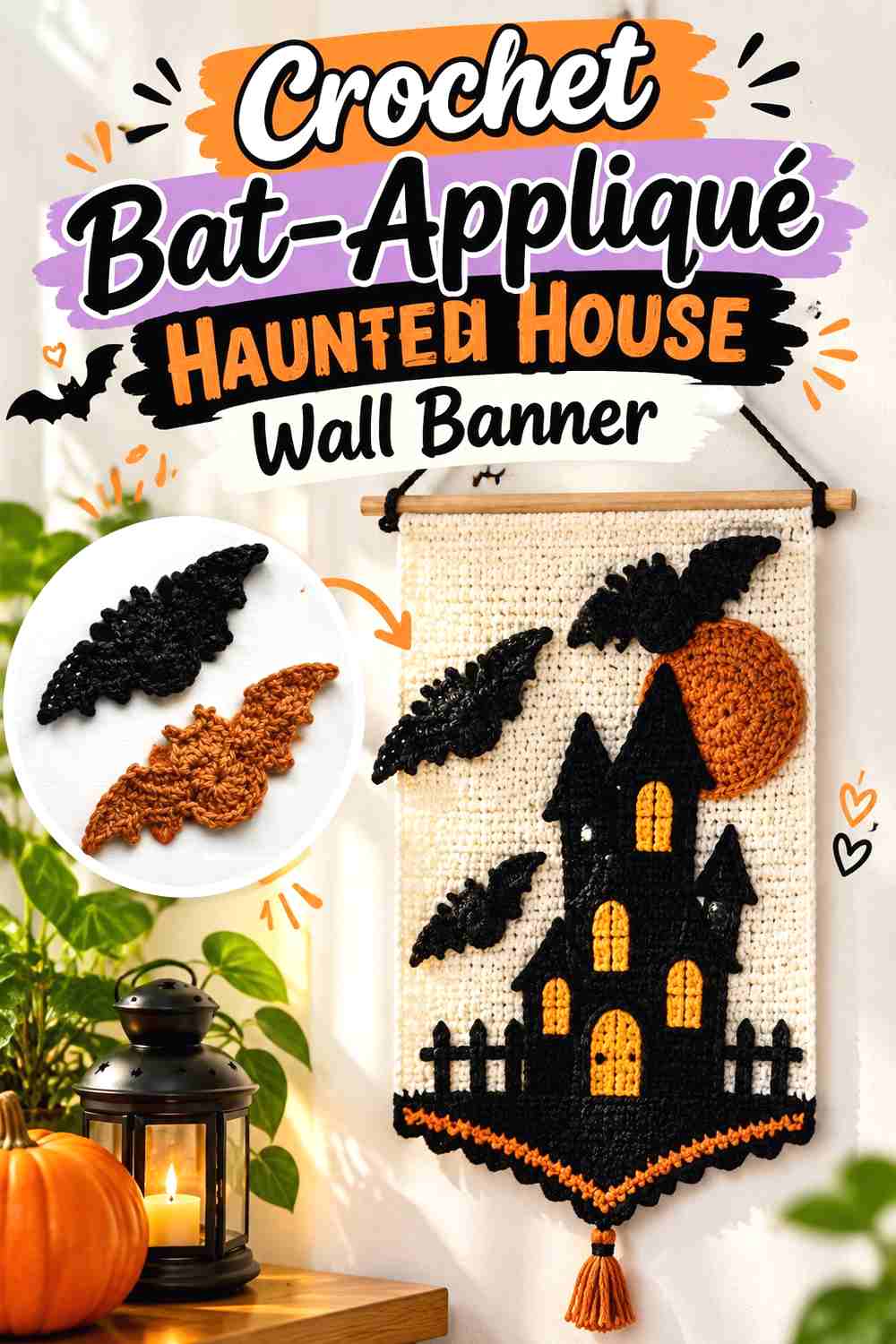 10. Crochet Bat Applique Haunted House Wall Banner