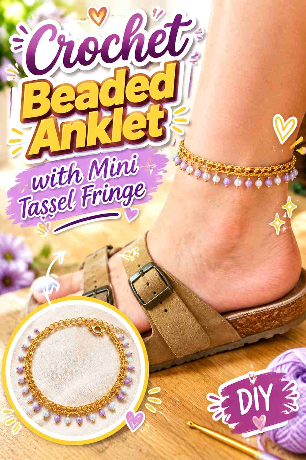 8. Crochet Beaded Anklet With Mini Tassel Fringe