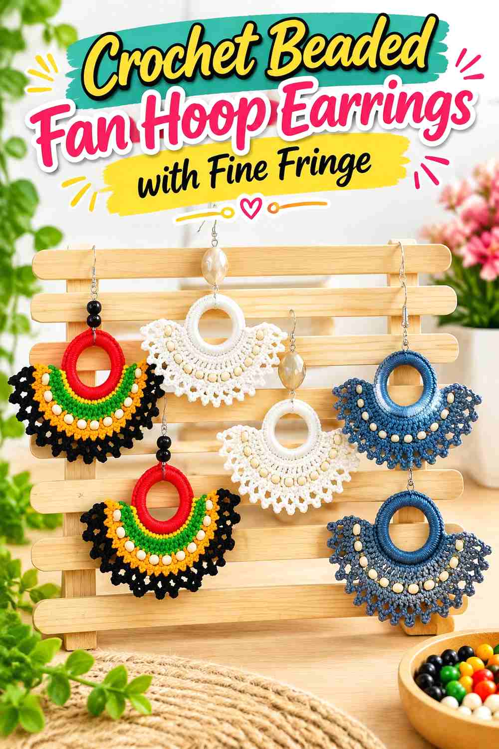 5. Crochet Beaded Fan Hoop Earrings With Fine Fringe