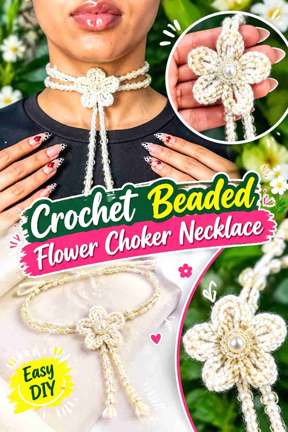 11. Crochet Beaded Flower Choker Necklace