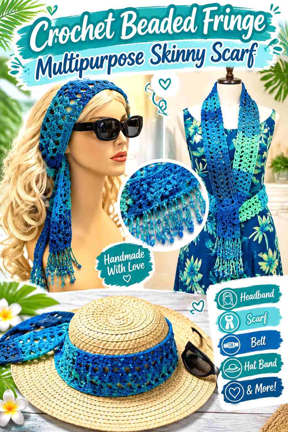 14. Crochet Beaded Fringe Multipurpose Skinny Scarf