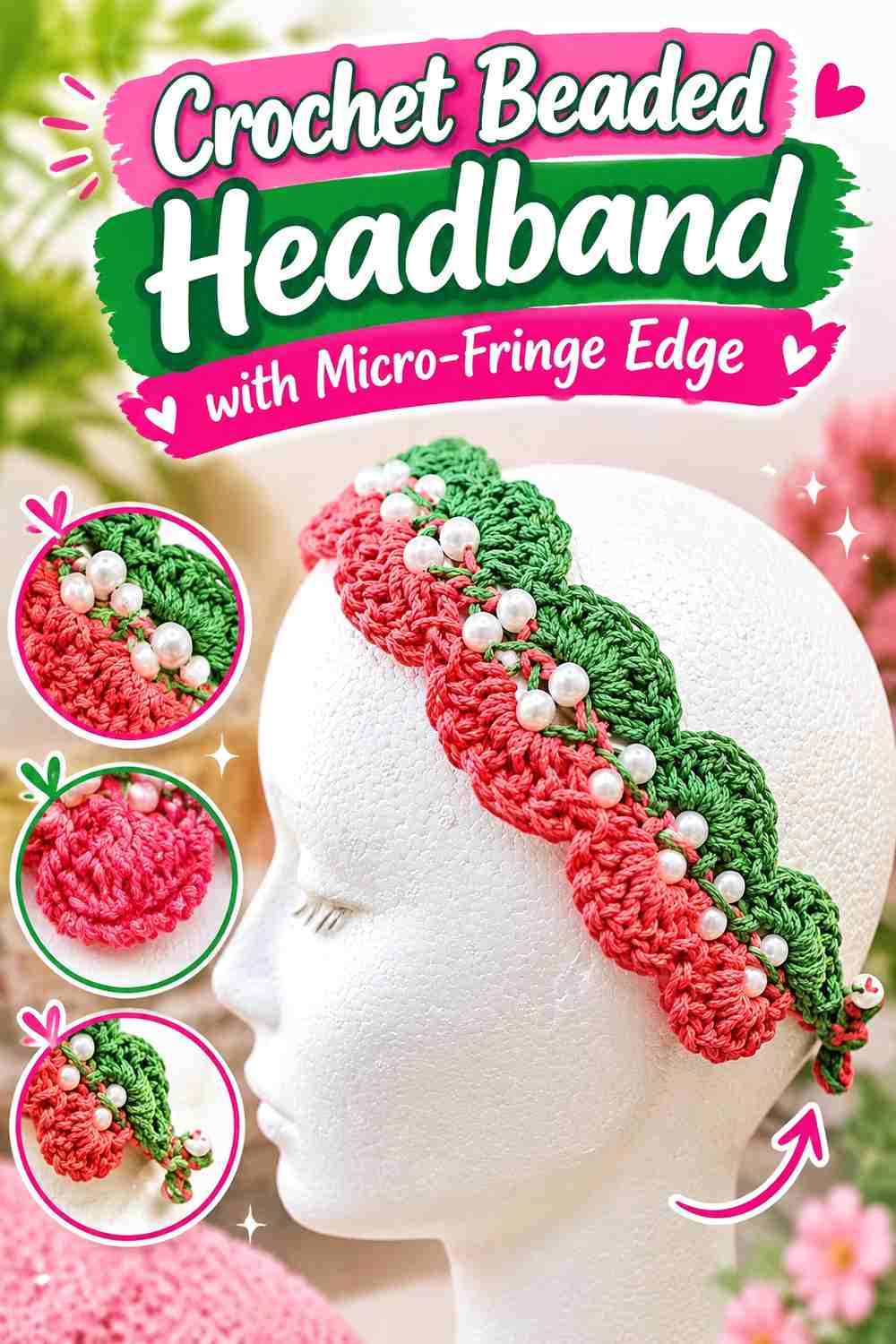 10. Crochet Beaded Headband With Micro Fringe Edge