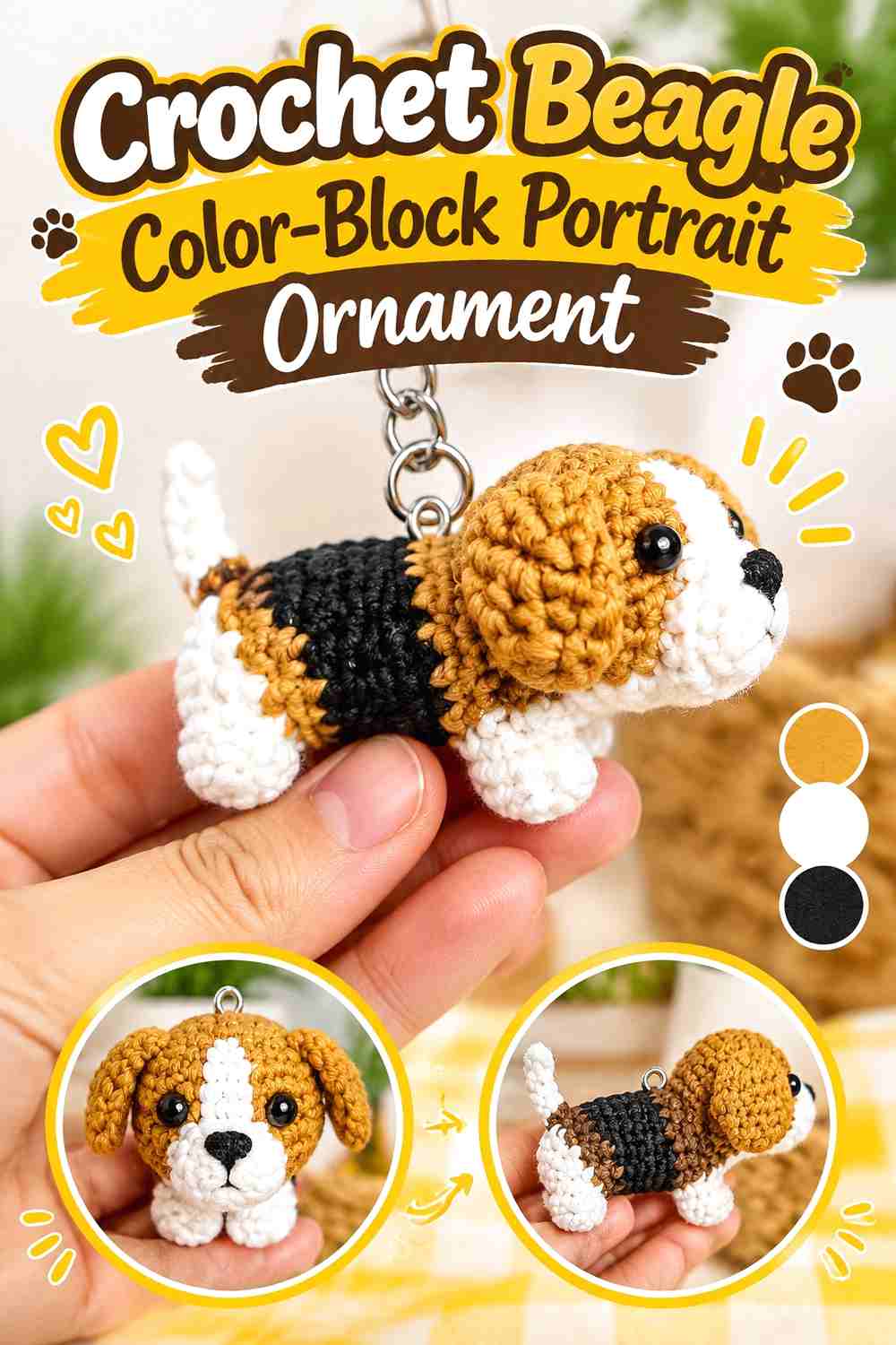 7. Crochet Beagle Color-Block Portrait Ornament