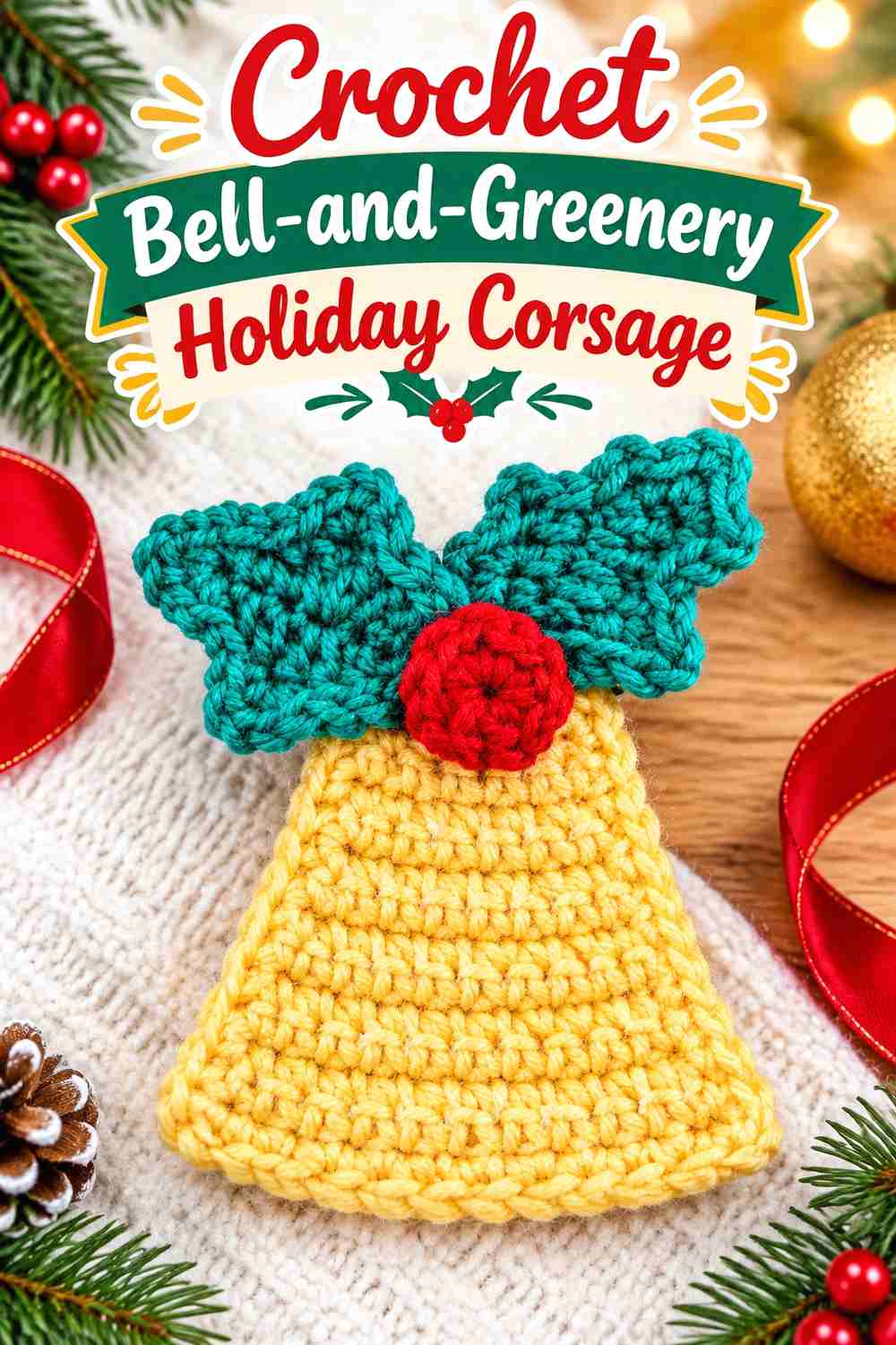 11. Crochet Bell-and-Greenery Holiday Corsage