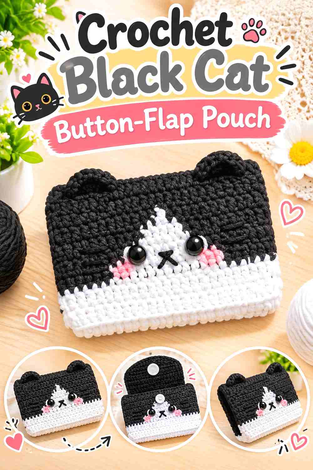 13. Crochet Black Cat Button-Flap Pouch
