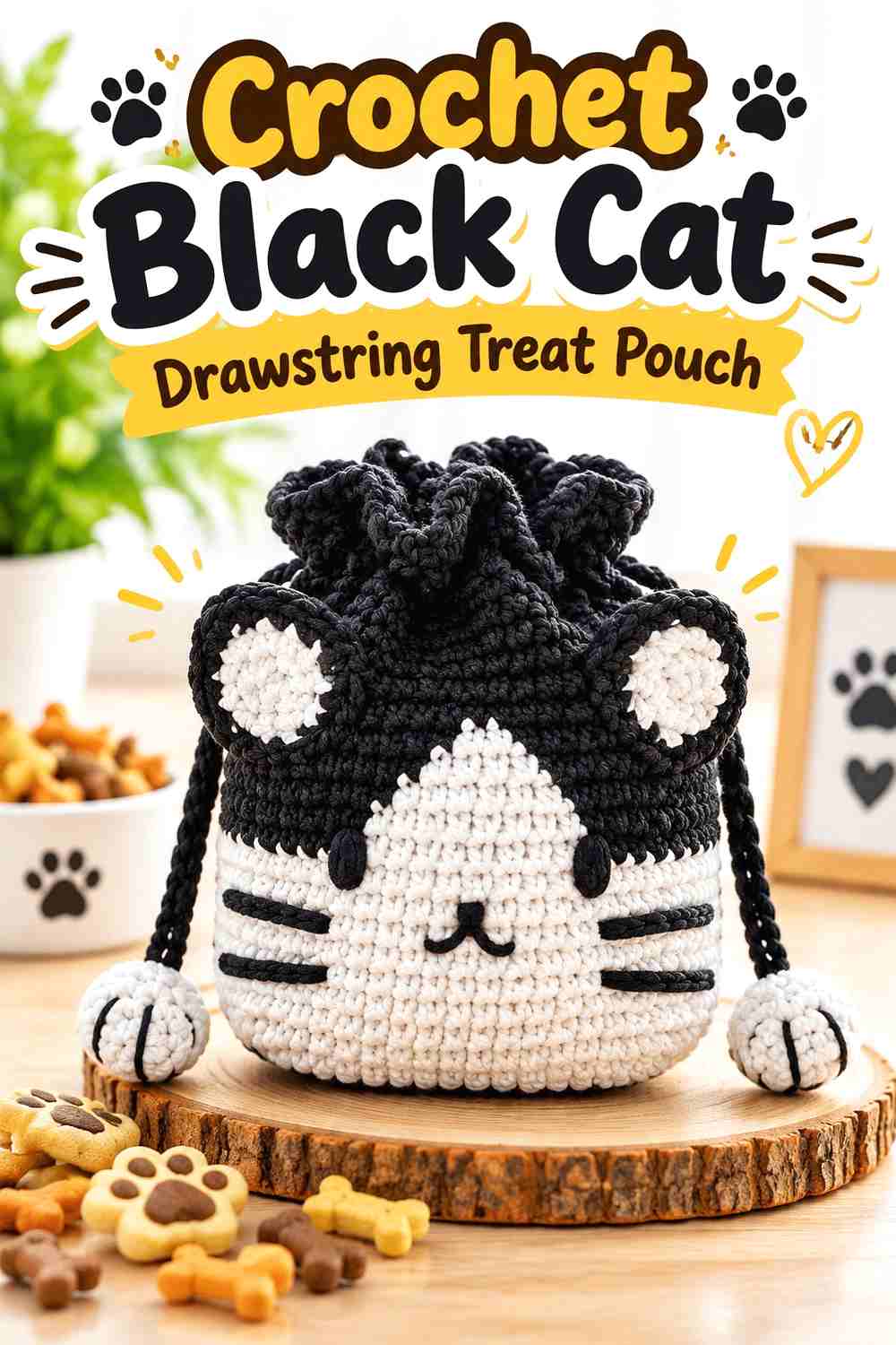 2. Crochet Black Cat Drawstring Treat Pouch