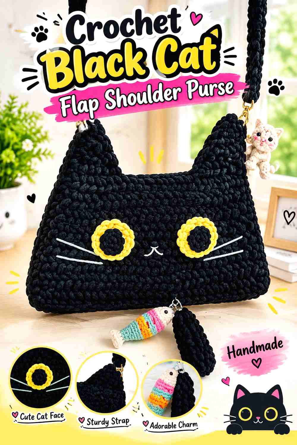 4. Crochet Black Cat Flap Shoulder Purse