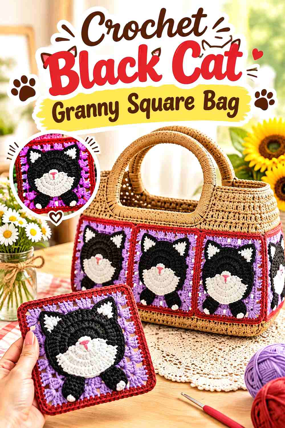 12. Crochet Black Cat Granny Square Bag