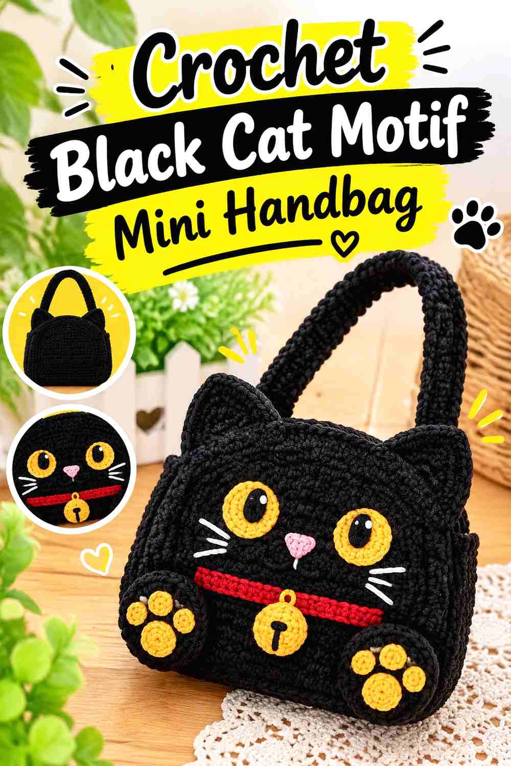 9. Crochet Black Cat Motif Mini Handbag