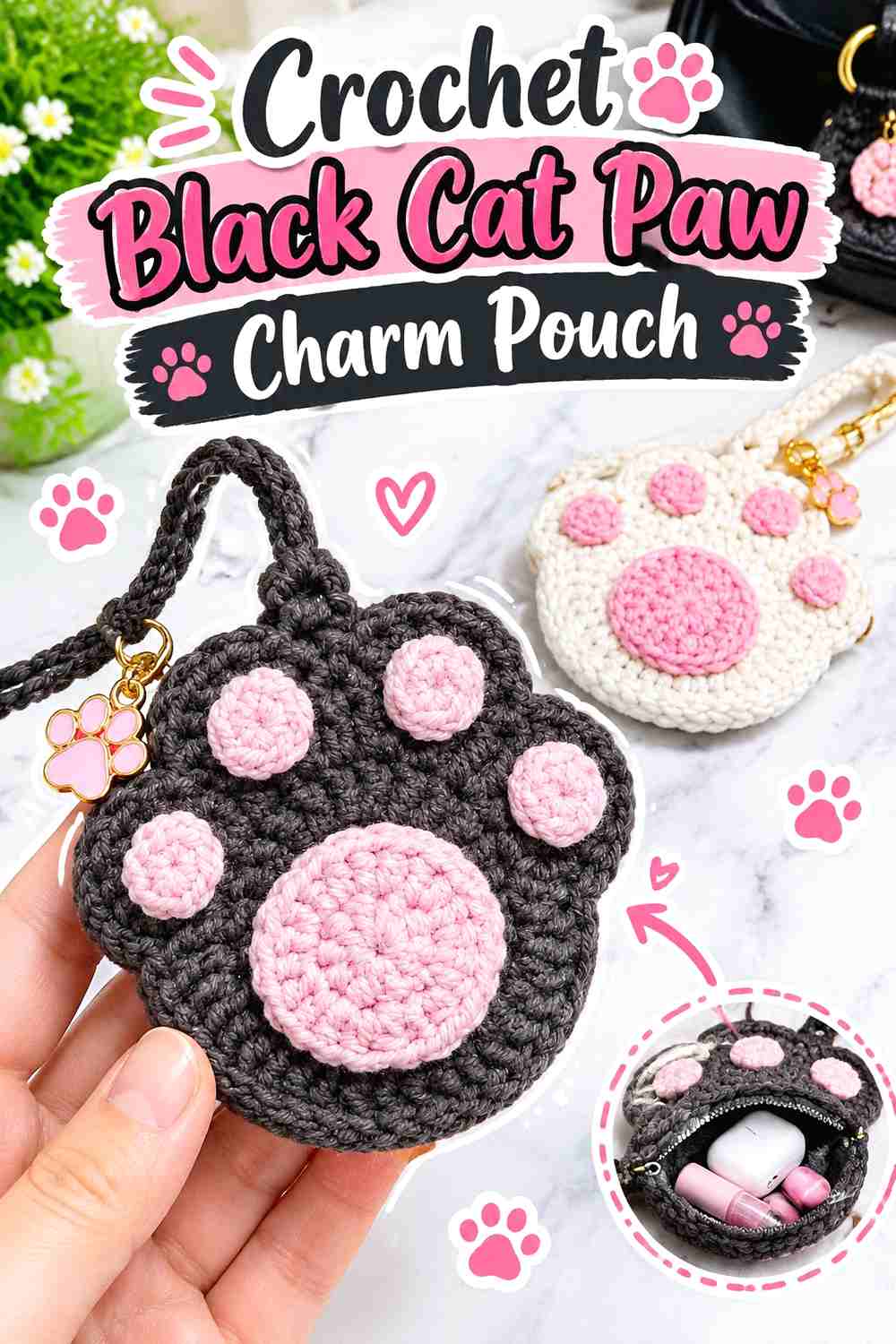 8. Crochet Black Cat Paw Charm Pouch
