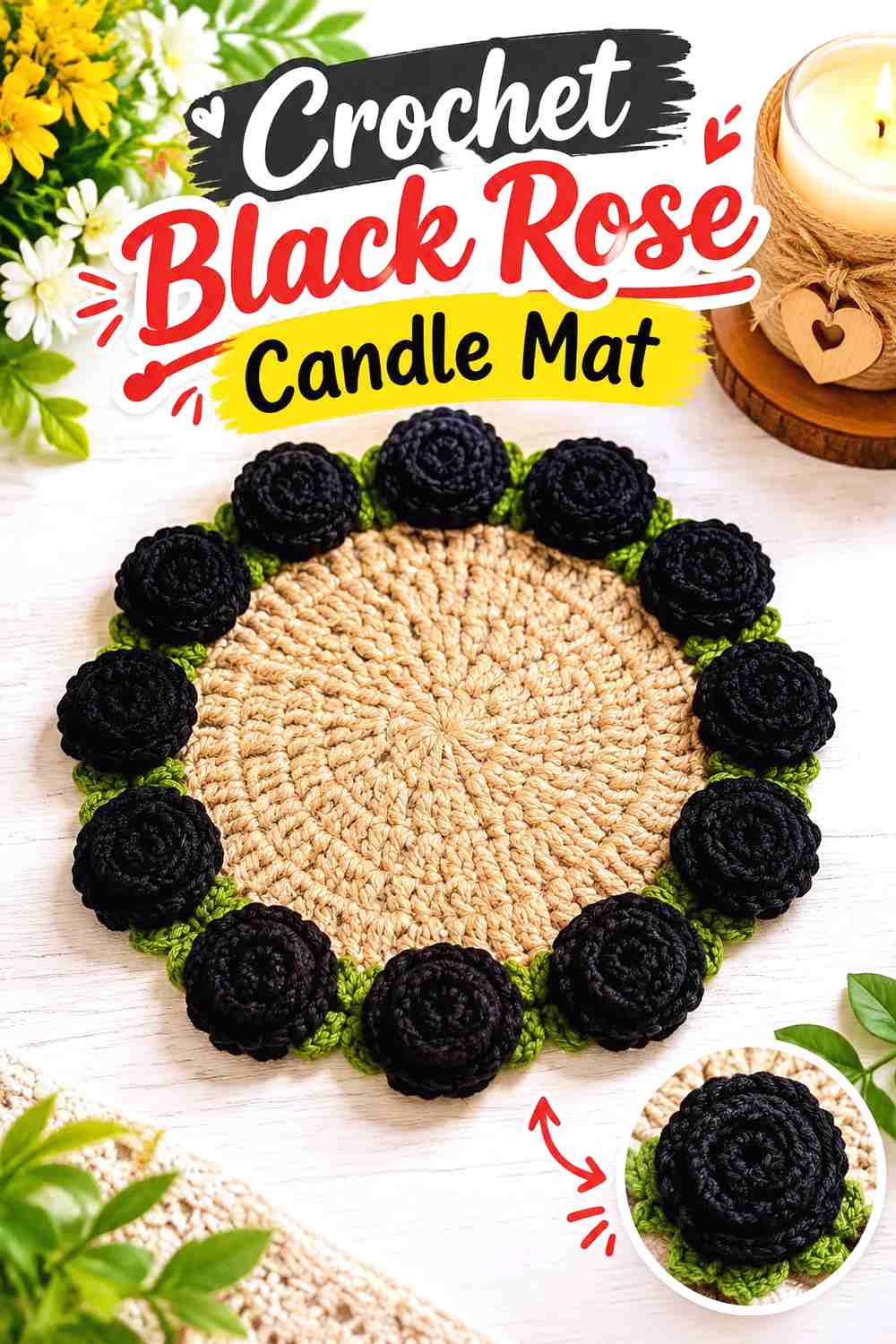 Crochet Black Rose Candle Mat