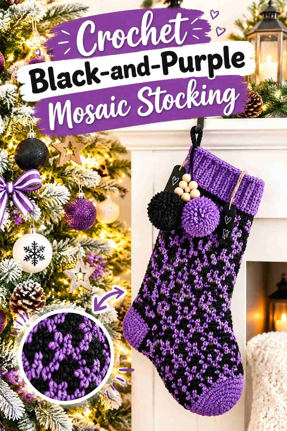 13. Crochet Black-and-Purple Mosaic Stocking