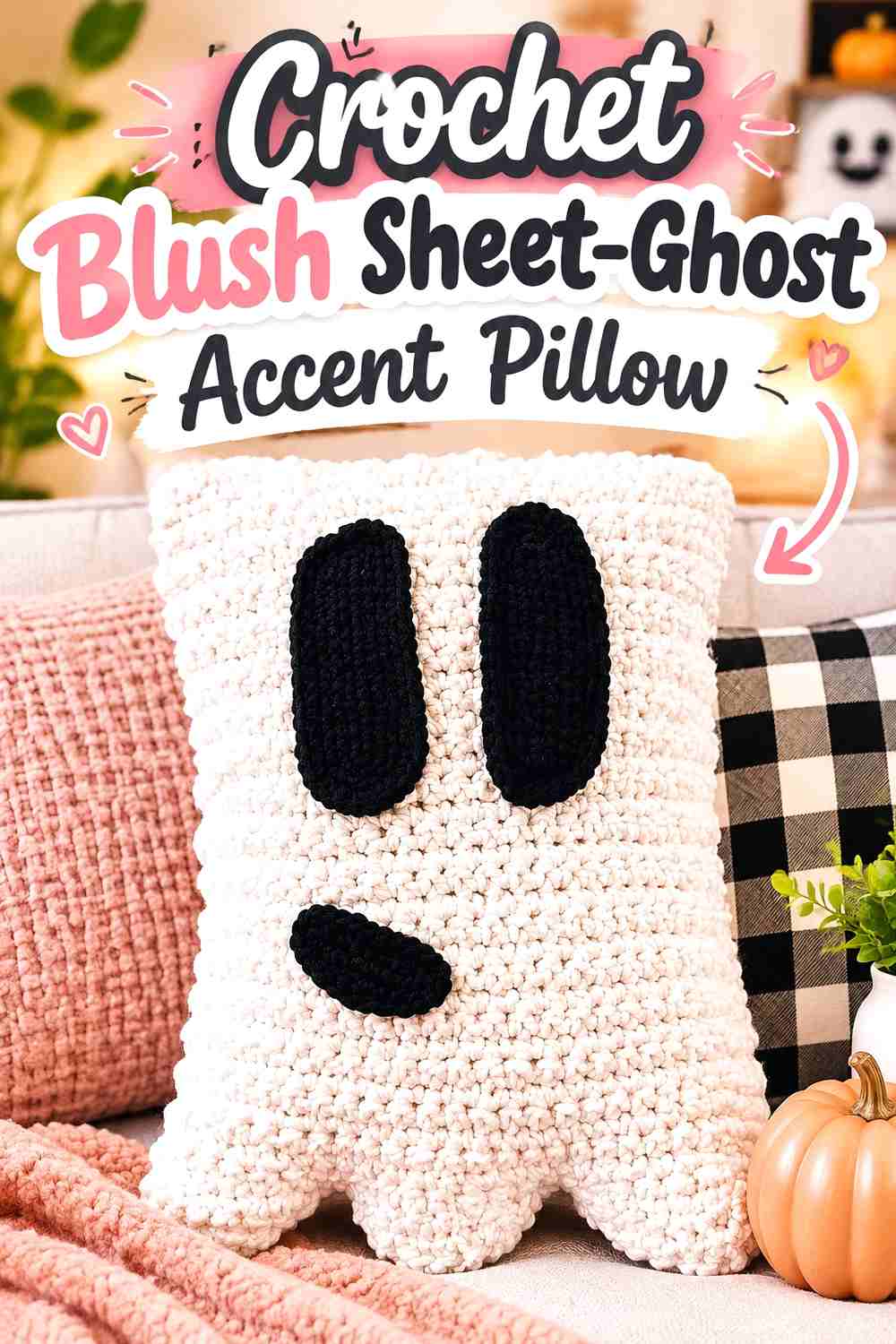 2. Crochet Blush Sheet-Ghost Accent Pillow