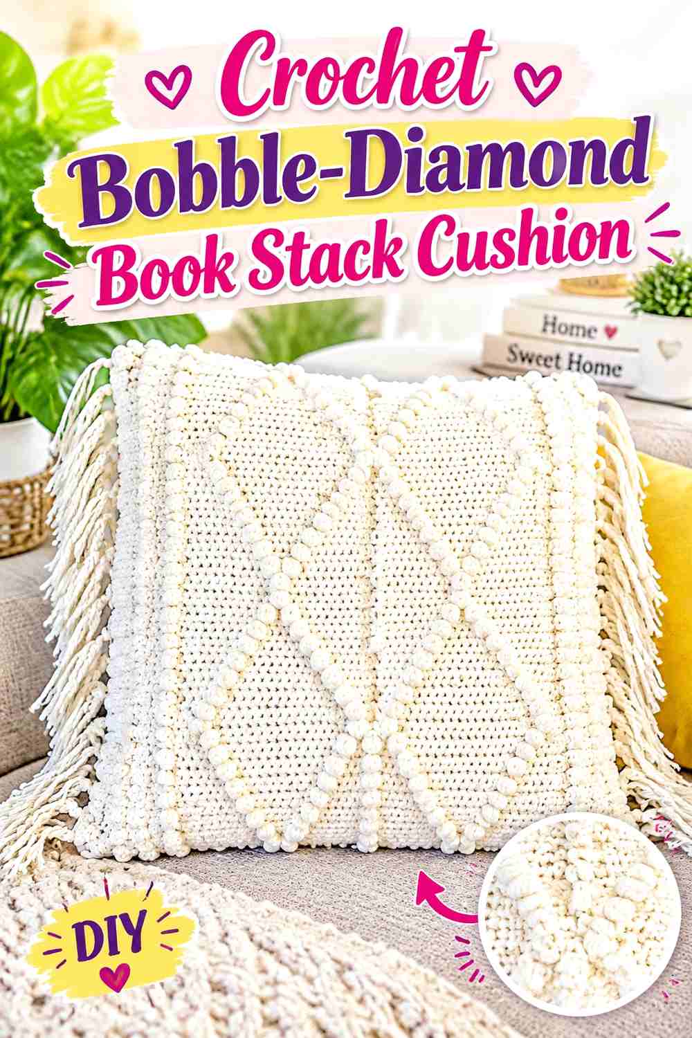 13. Crochet Bobble-Diamond Book Stack Cushion
