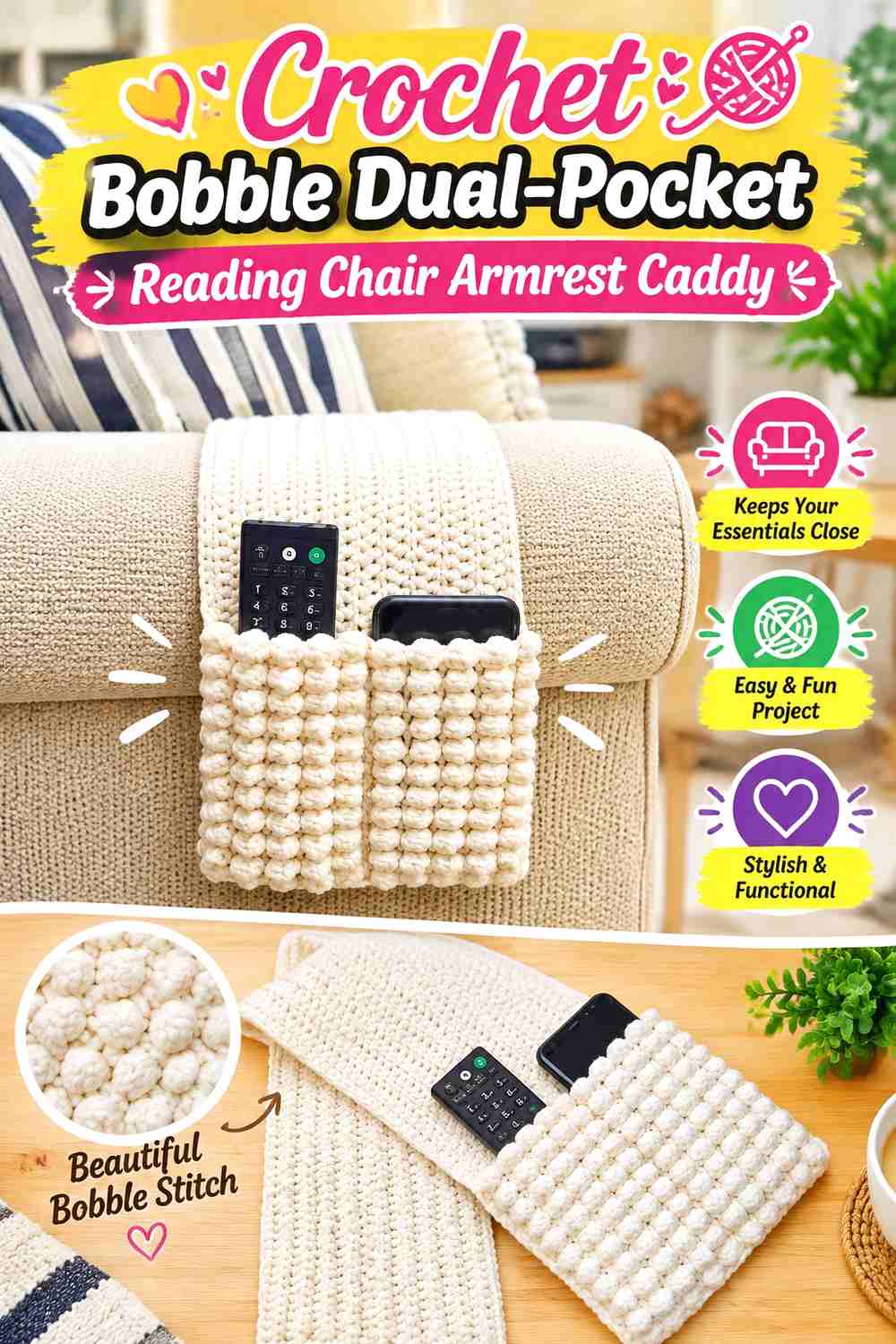 6. Crochet Bobble Dual-Pocket Reading Chair Armrest Caddy