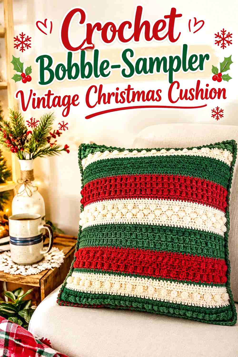 13. Crochet Bobble-Sampler Vintage Christmas Cushion