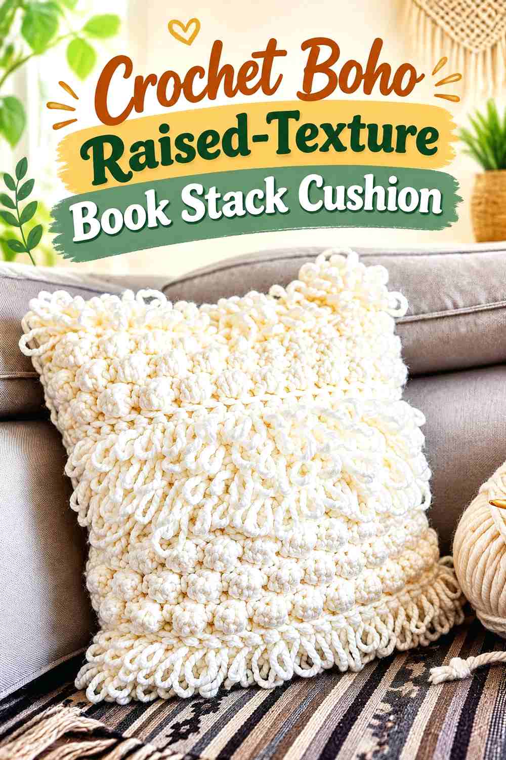 16. Crochet Boho Raised-Texture Book Stack Cushion