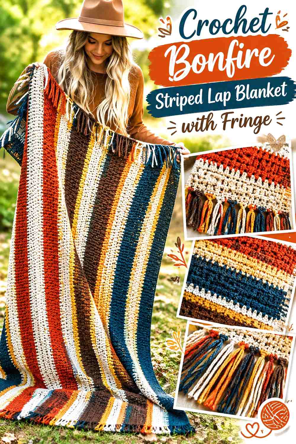 13. Crochet Bonfire Striped Lap Blanket with Fringe