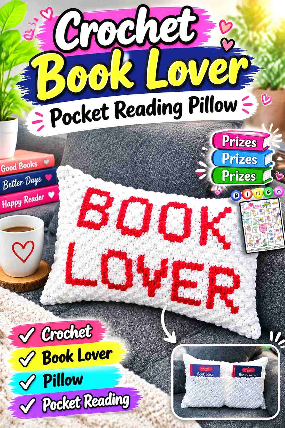 7. Crochet Book Lover Pocket Reading Pillow