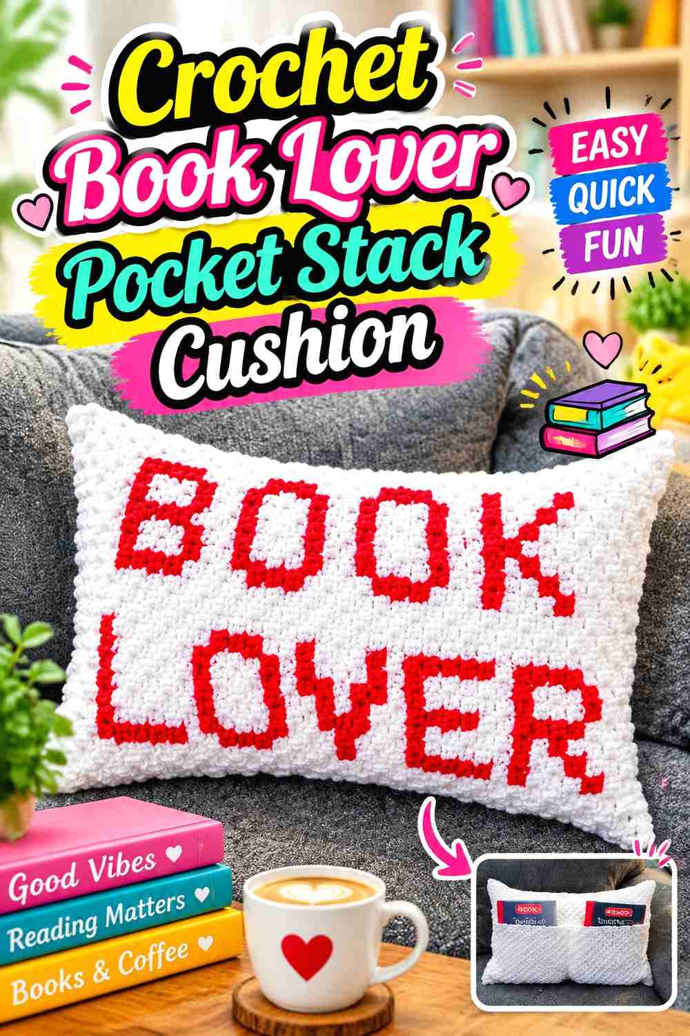 1. Crochet Book Lover Pocket Stack Cushion