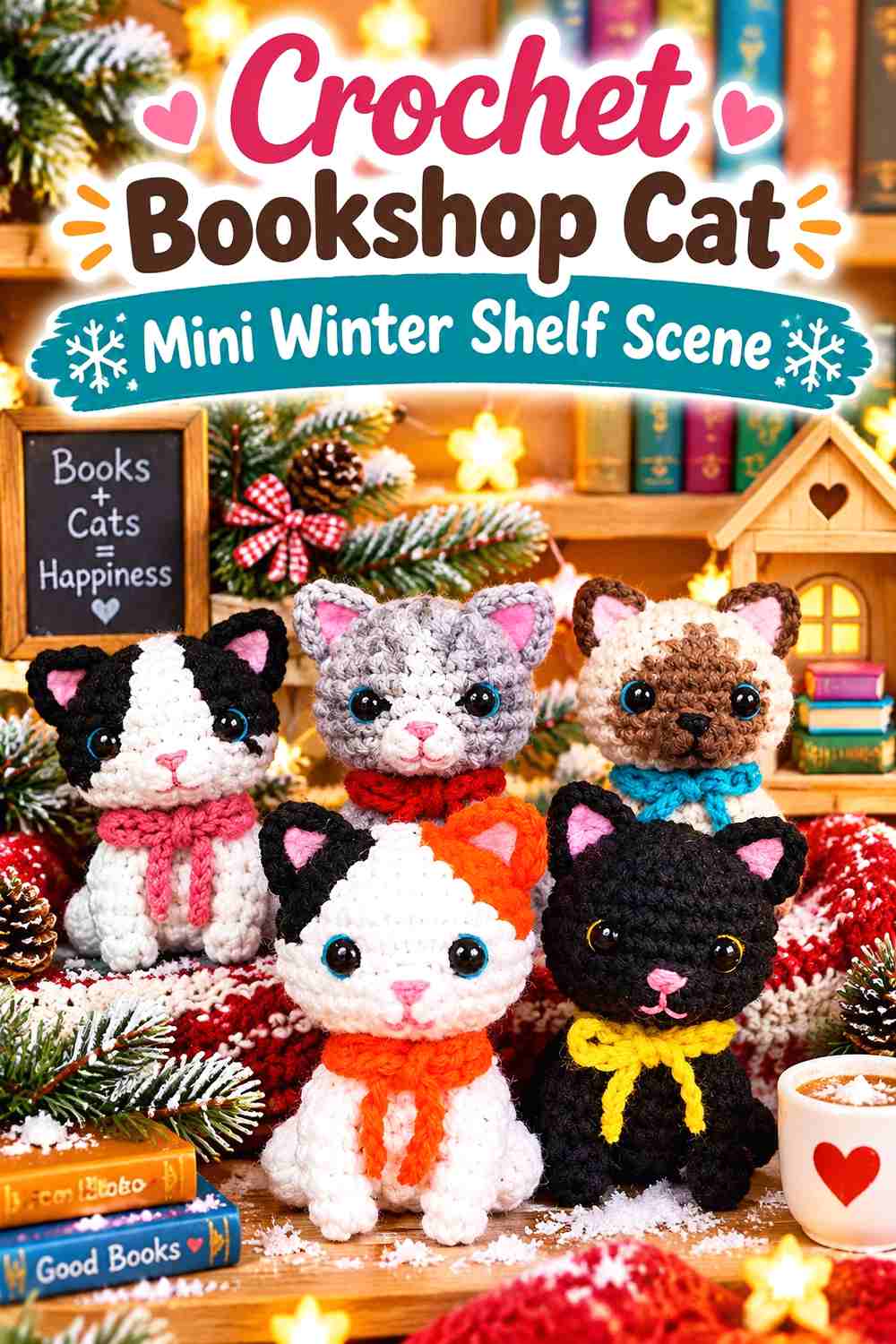 7. Crochet Bookshop Cat Mini Winter Shelf Scene