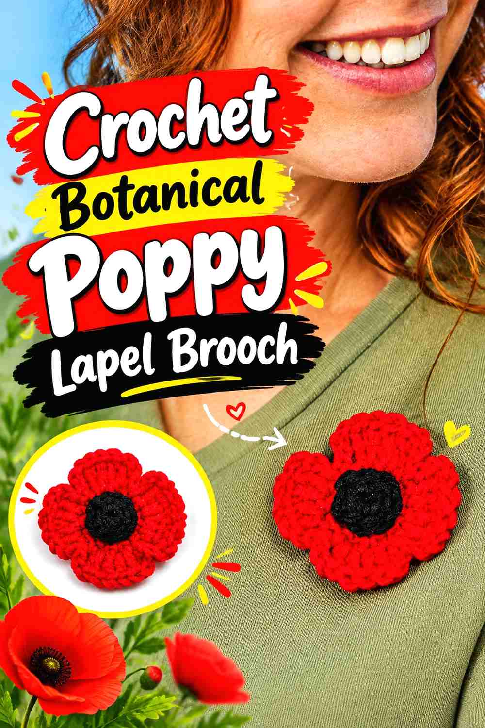 9. Crochet Botanical Poppy Lapel Brooch