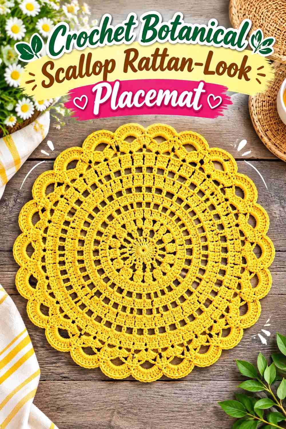 14. Crochet Botanical Scallop Rattan-Look Placemat