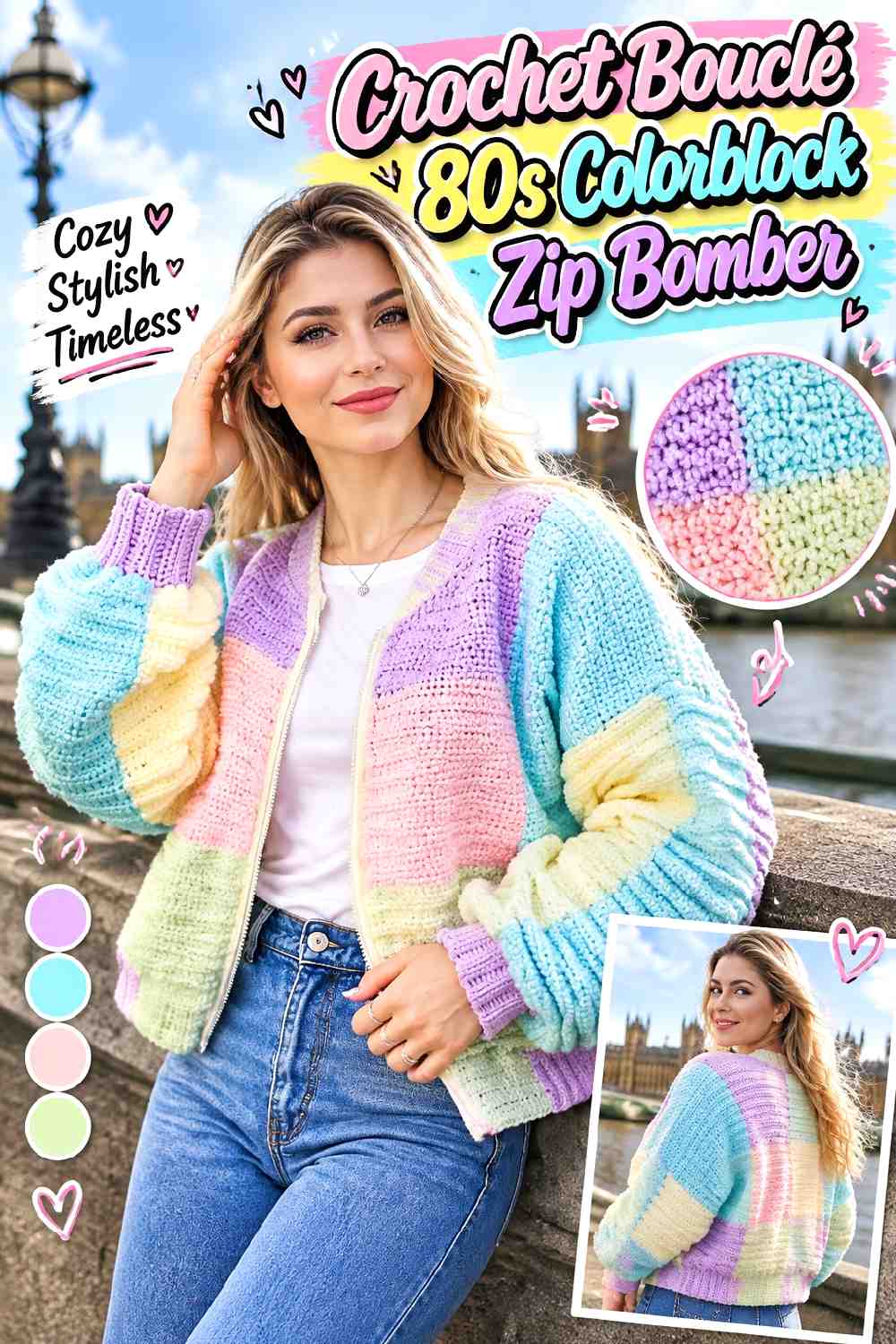 6. Crochet Boucle 80s Colorblock Zip Bomber