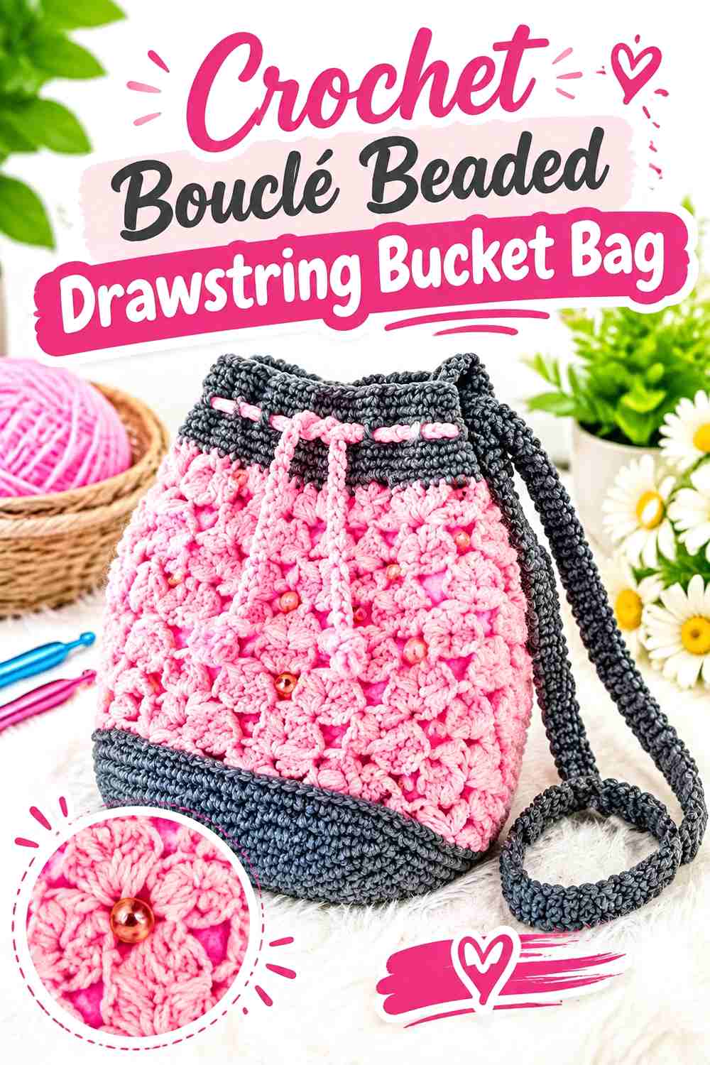 12. Crochet Bouclé Beaded Drawstring Bucket Bag