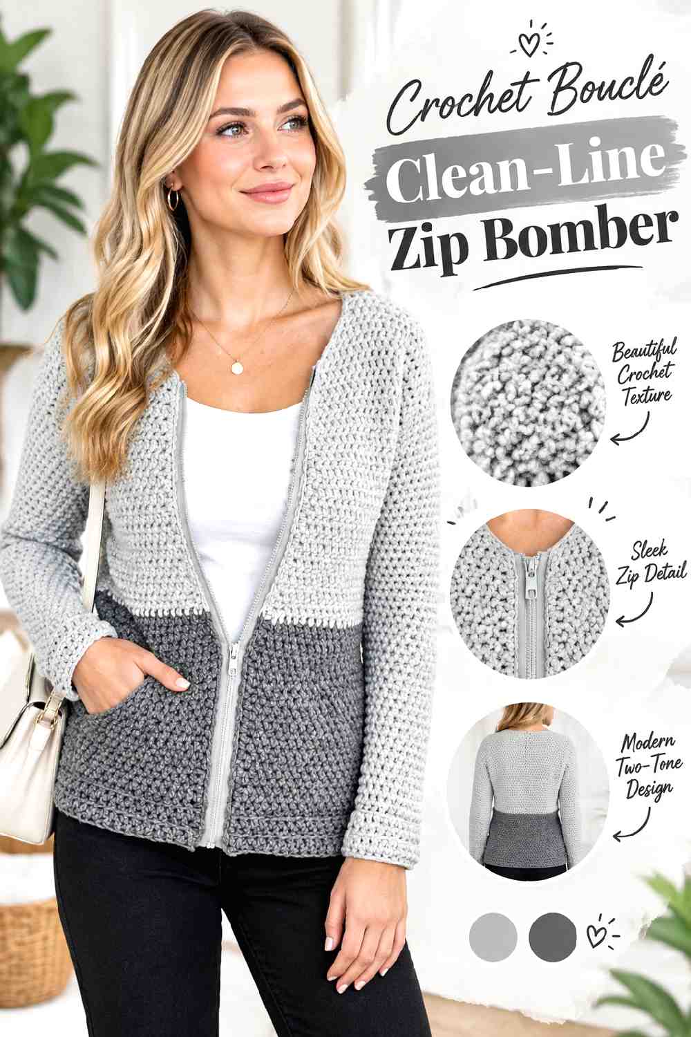 11. Crochet Boucle Clean Line Zip Bomber