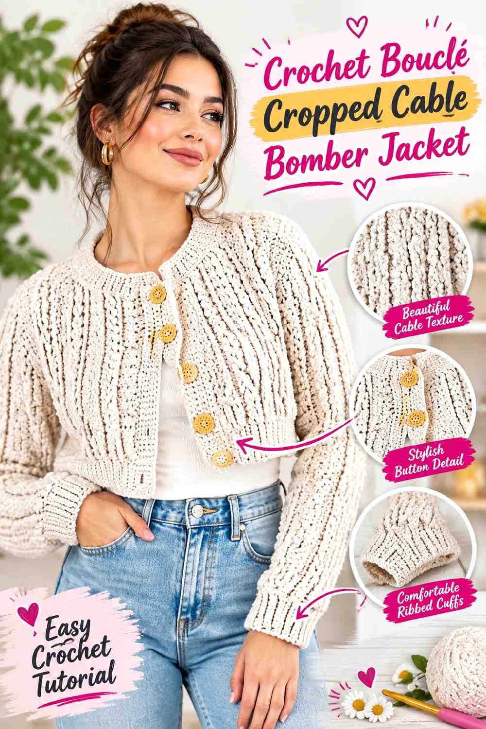 16. Crochet Boucle Cropped Cable Bomber Jacket