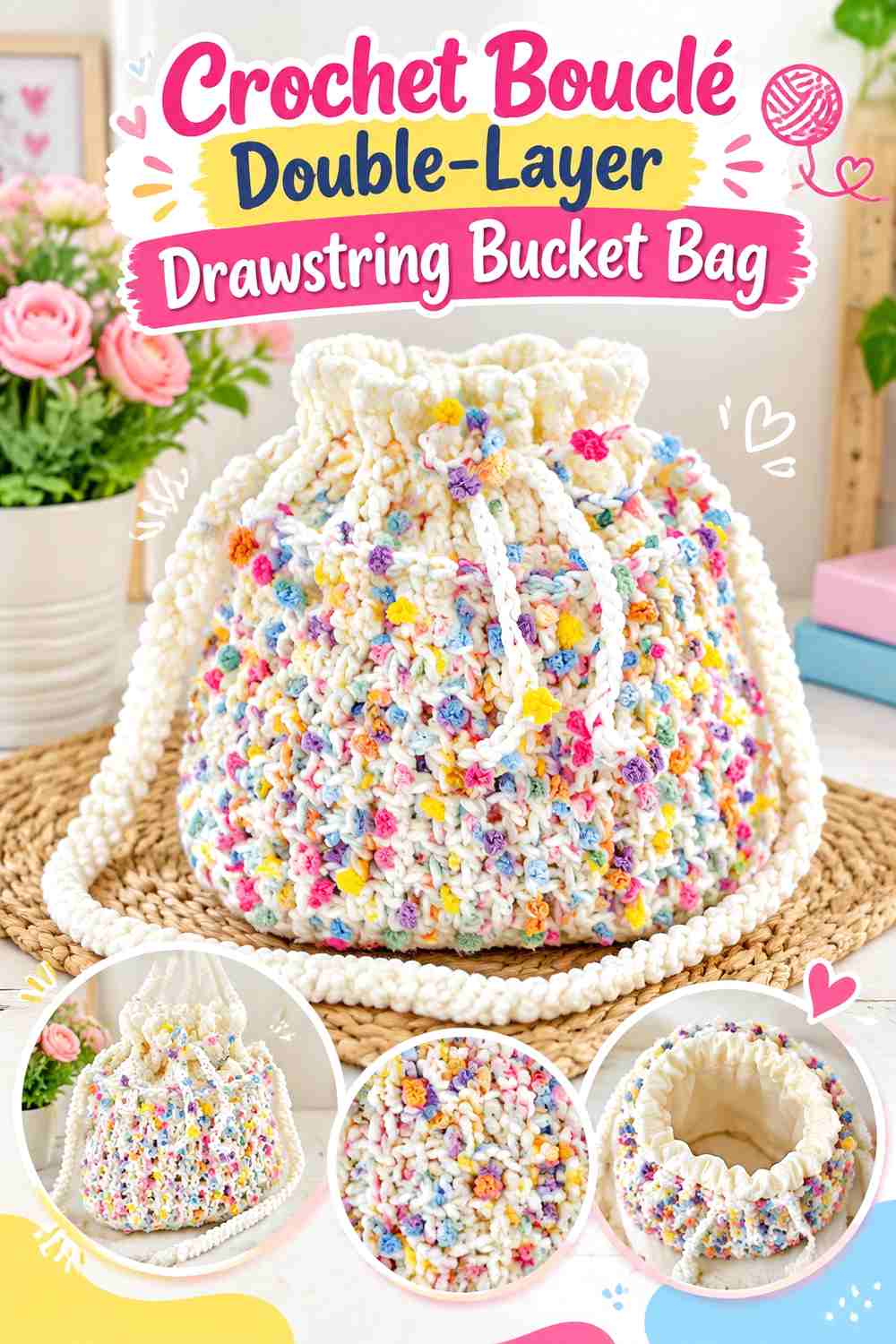 6. Crochet Bouclé Double-Layer Drawstring Bucket Bag