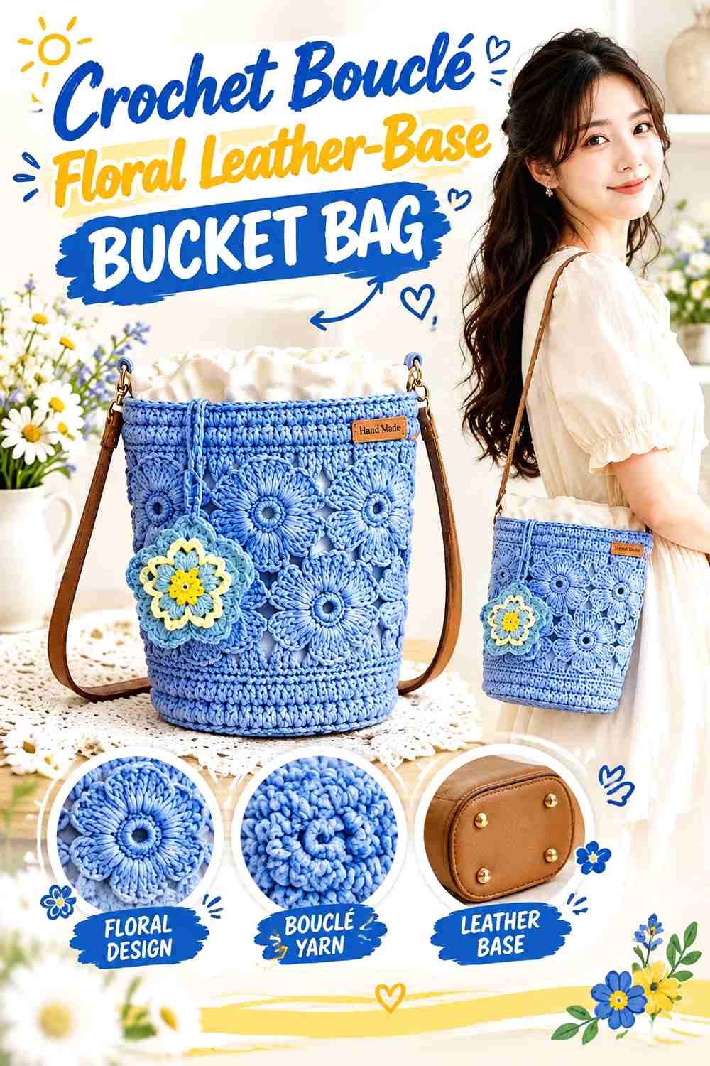 15. Crochet Bouclé Floral Leather-Base Bucket Bag