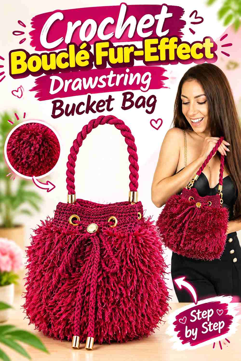 1. Crochet Bouclé Fur-Effect Drawstring Bucket Bag